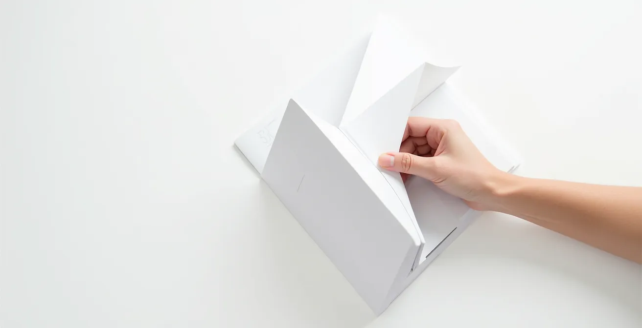 Photo artistique d'une main ouvrant délicatement une brochure sur fond épuré, lumière douce, composition minimaliste