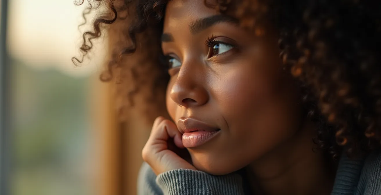 Close-up portrait photo of a professional woman thoughtfully engaged in planning, natural lighting, soft background
