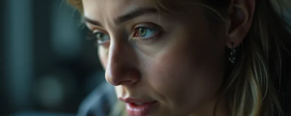 Photo réaliste d'une personne concentrée travaillant sur un projet de formation professionnelle, avec un éclairage cinématographique et un fond épuré avec espace négatif