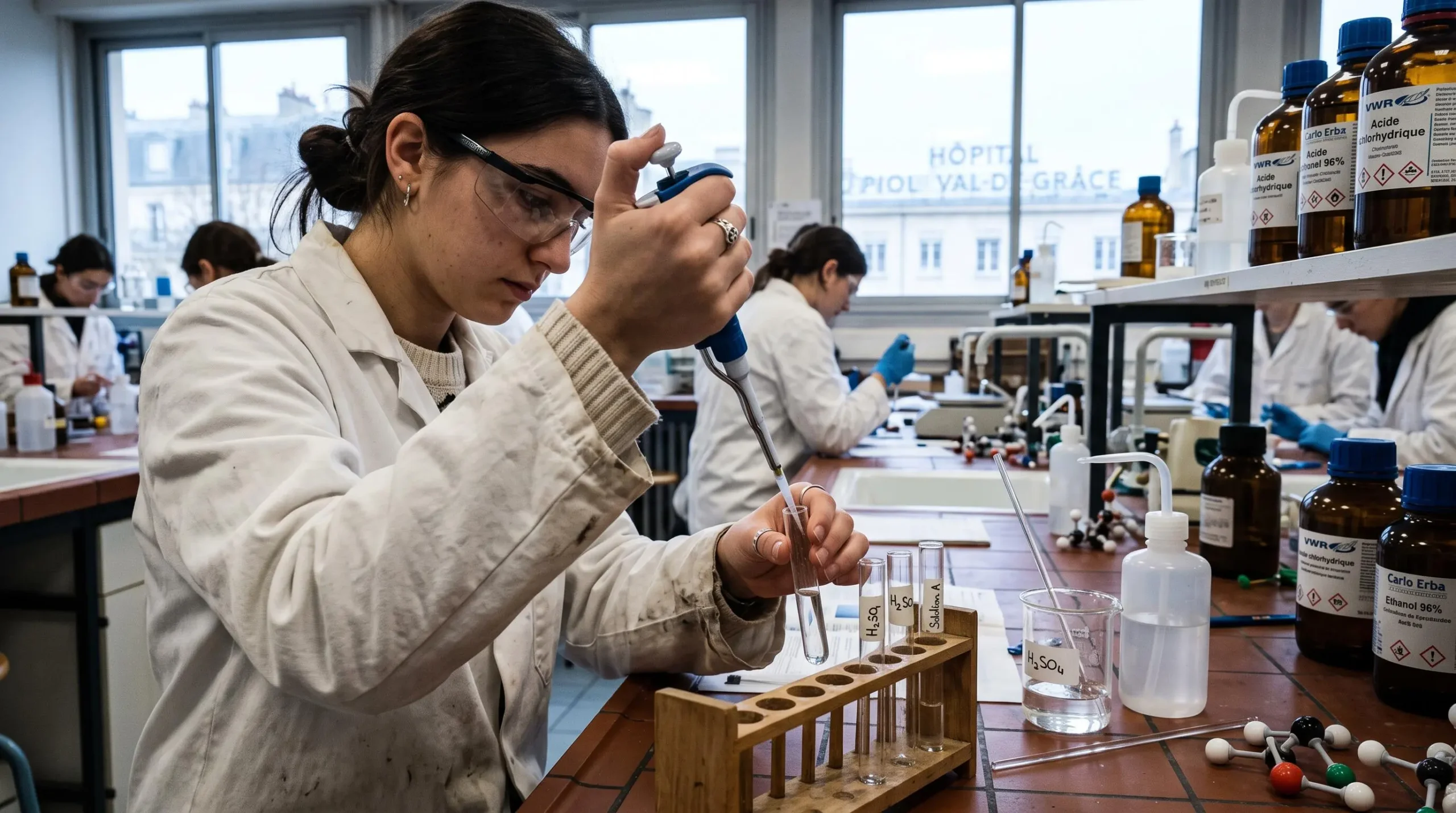Une étudiante manipule une pipette lors d'une séance pratique de chimie en laboratoire.